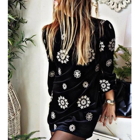 Zara | Dresses | Zara Black Velvet Embroidered Long Sleeve Mini Dress  Winter Holiday Size Small | Poshmark